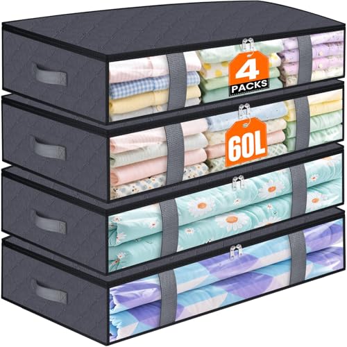 TasticTotes Under Bed Storage Containers, 4 Pack Blanket Storage Bags, Collapsible Storage Bags with Big Zippers, Clear Front, Shoe Storage and Organization for Clothes, Comforter, 60L, Grey - Image 1