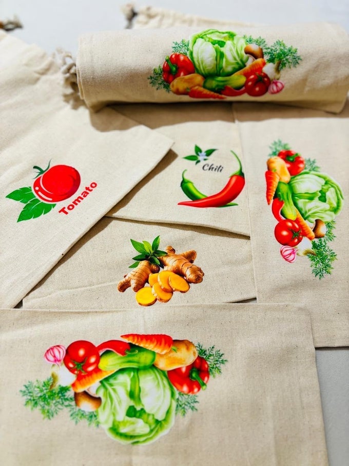 KHADI BG COTTON REUSABLE VEGETABLE STORAGE BAG FOR FRIDGE SET OF 5 BAGS 2 LARGE AND 3MEDIUM SIZEWASHABLE