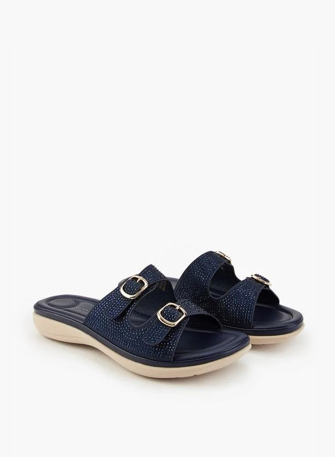 Flora Bella By Shoexpress Embellished Buckle Detail Slip-On Sandals