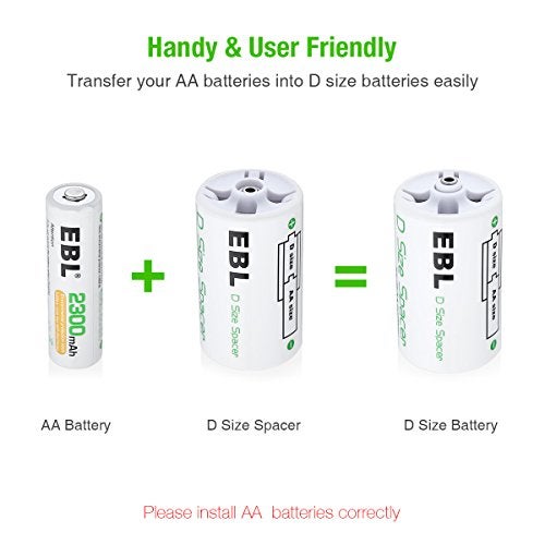 EBL D Size Battery Adapters, AA to D Size Battery Spacer Converter Case Use with Rechargeable AA Batteries Cells - 4 Pack - Image 2