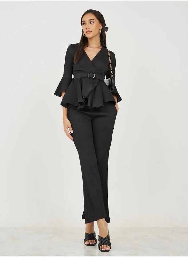 Styli V Neck Belted Peplum Top & Bootcut Pants Co-Ords