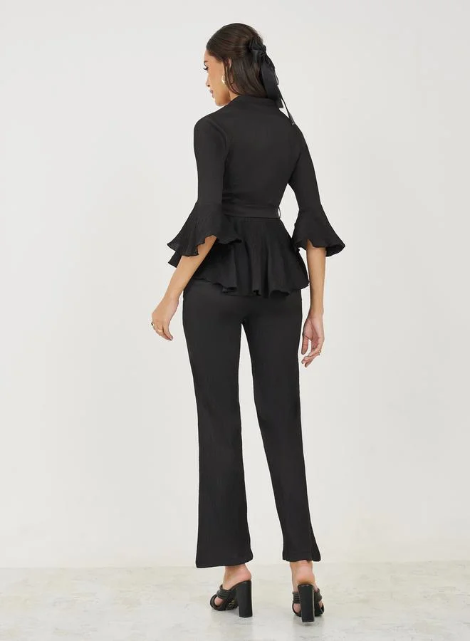 Styli V Neck Belted Peplum Top & Bootcut Pants Co-Ords