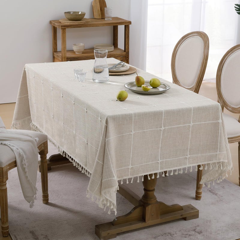 Softalker Linen Tablecloth Rectangle, Outdoor Waterproof Burlap Cotton Farmhouse Table Cloths with Tassel, Heavy Weight Wrinkle Free Table Cover for Dining, Party, Rustic - 55 x 70 Inch, Coffee Plaid - Image 2