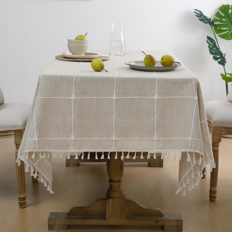 Softalker Linen Tablecloth Rectangle, Outdoor Waterproof Burlap Cotton Farmhouse Table Cloths with Tassel, Heavy Weight Wrinkle Free Table Cover for Dining, Party, Rustic - 55 x 70 Inch, Coffee Plaid - Image 1