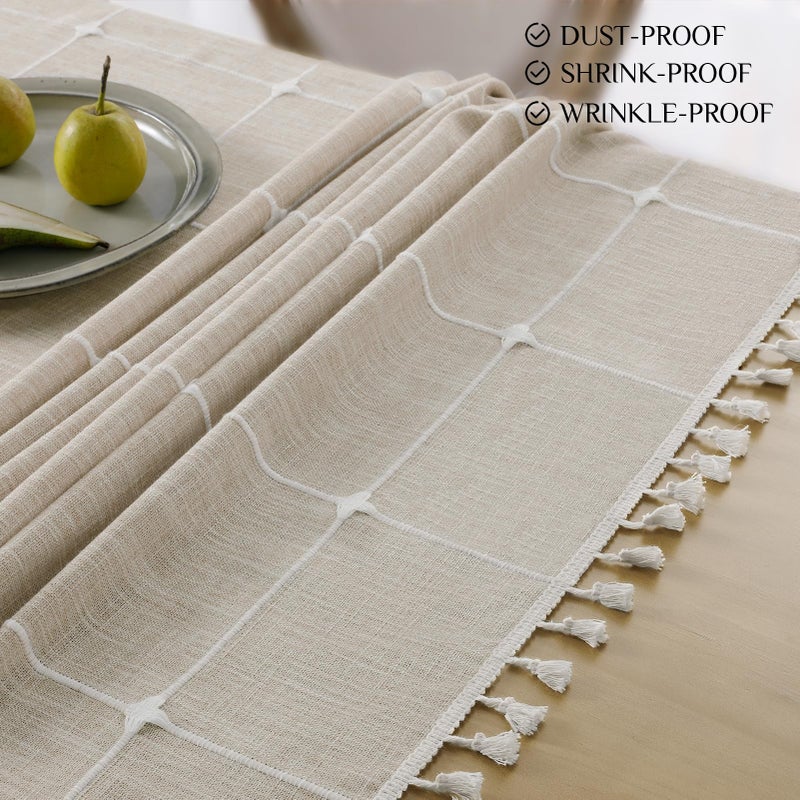 Softalker Linen Tablecloth Rectangle, Outdoor Waterproof Burlap Cotton Farmhouse Table Cloths with Tassel, Heavy Weight Wrinkle Free Table Cover for Dining, Party, Rustic - 55 x 70 Inch, Coffee Plaid - Image 4