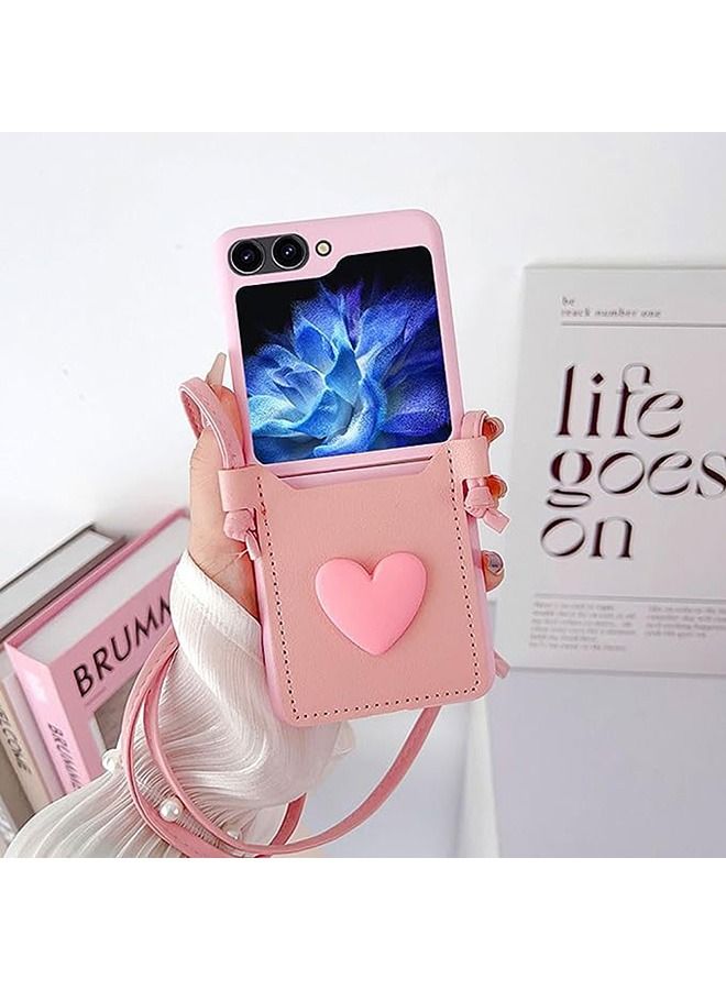 Compatible with Samsung Galaxy Z Flip 5 Case, with Love Card Holder Strap Lanyard,Leather Fiber and PC Material,Wallet Phone Case Cover,with Shoulder Strap Neck Cord Anti-Fall (Pink)  - Image 1