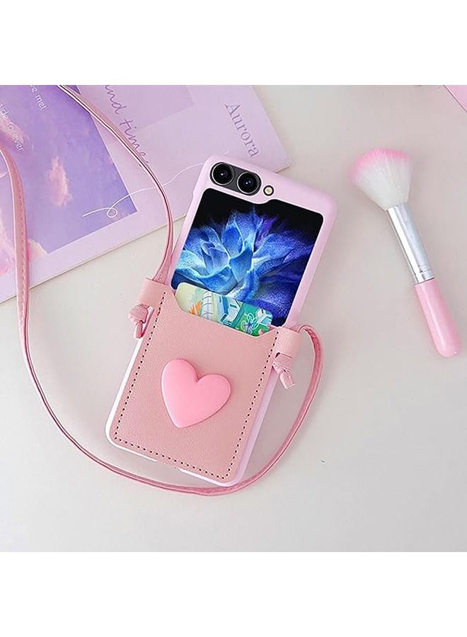 Compatible with Samsung Galaxy Z Flip 5 Case, with Love Card Holder Strap Lanyard,Leather Fiber and PC Material,Wallet Phone Case Cover,with Shoulder Strap Neck Cord Anti-Fall (Pink)  - Image 2
