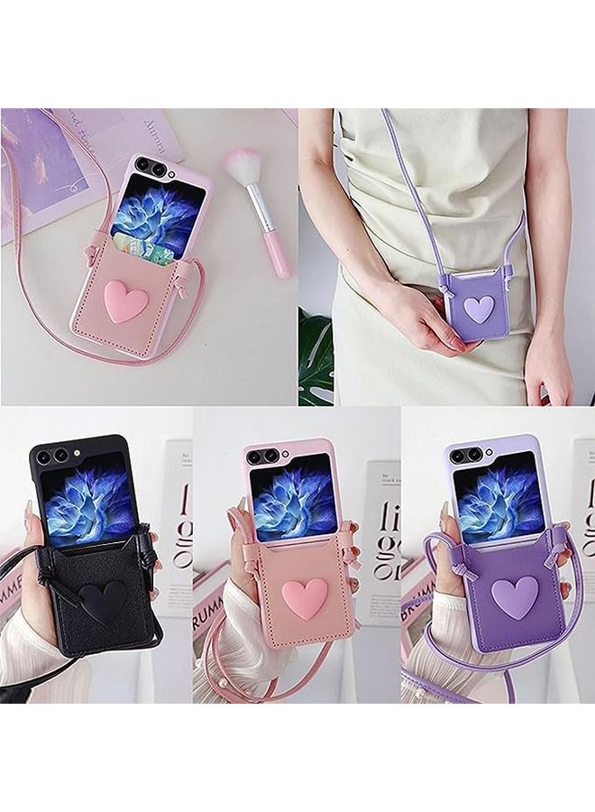 Compatible with Samsung Galaxy Z Flip 5 Case, with Love Card Holder Strap Lanyard,Leather Fiber and PC Material,Wallet Phone Case Cover,with Shoulder Strap Neck Cord Anti-Fall (Pink)  - Image 4