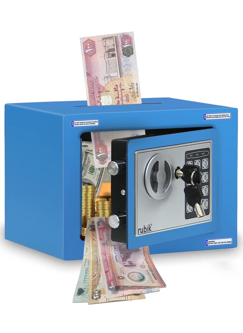 Rubik Mini Cash Deposit Drop Slot Safe Box with Key and Pin Code Option (Size: 23x17x17cm) Blue  - Image 1