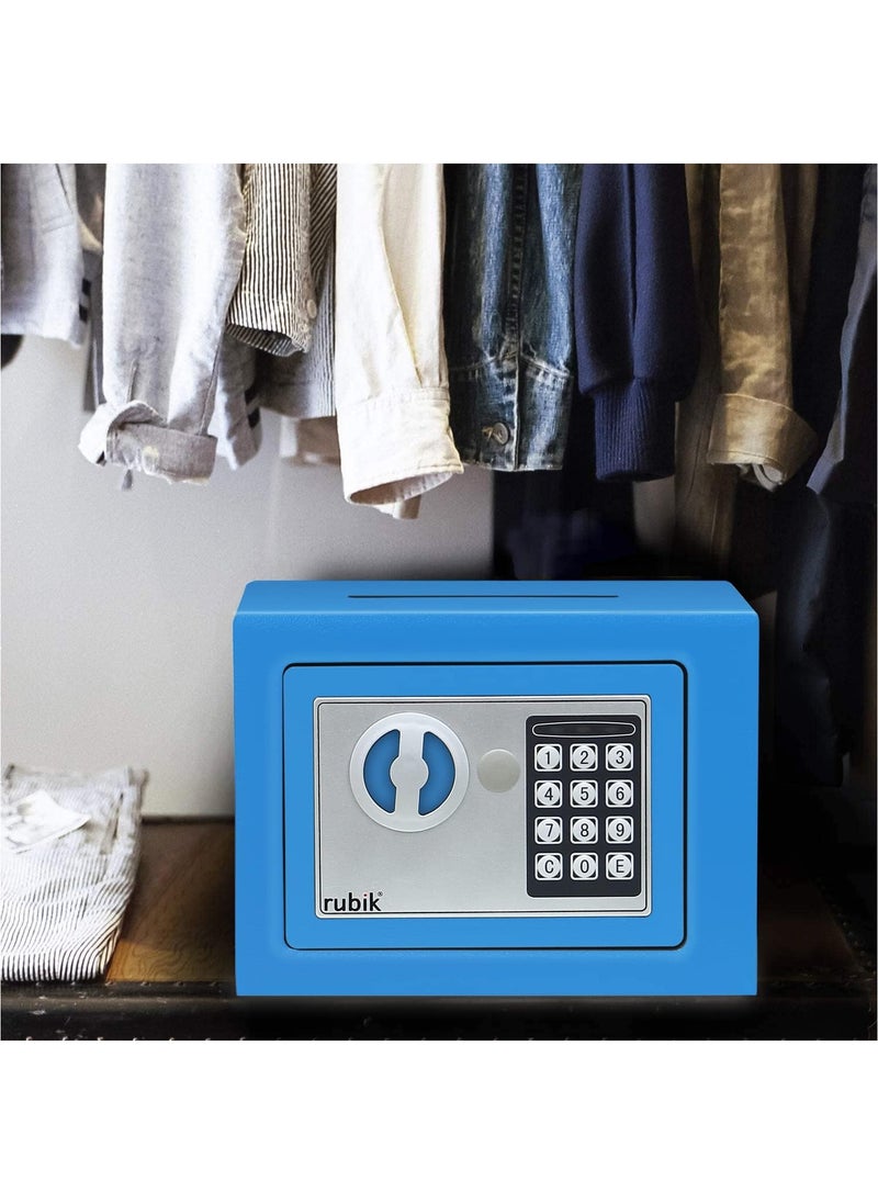 Rubik Mini Cash Deposit Drop Slot Safe Box with Key and Pin Code Option (Size: 23x17x17cm) Blue  - Image 3