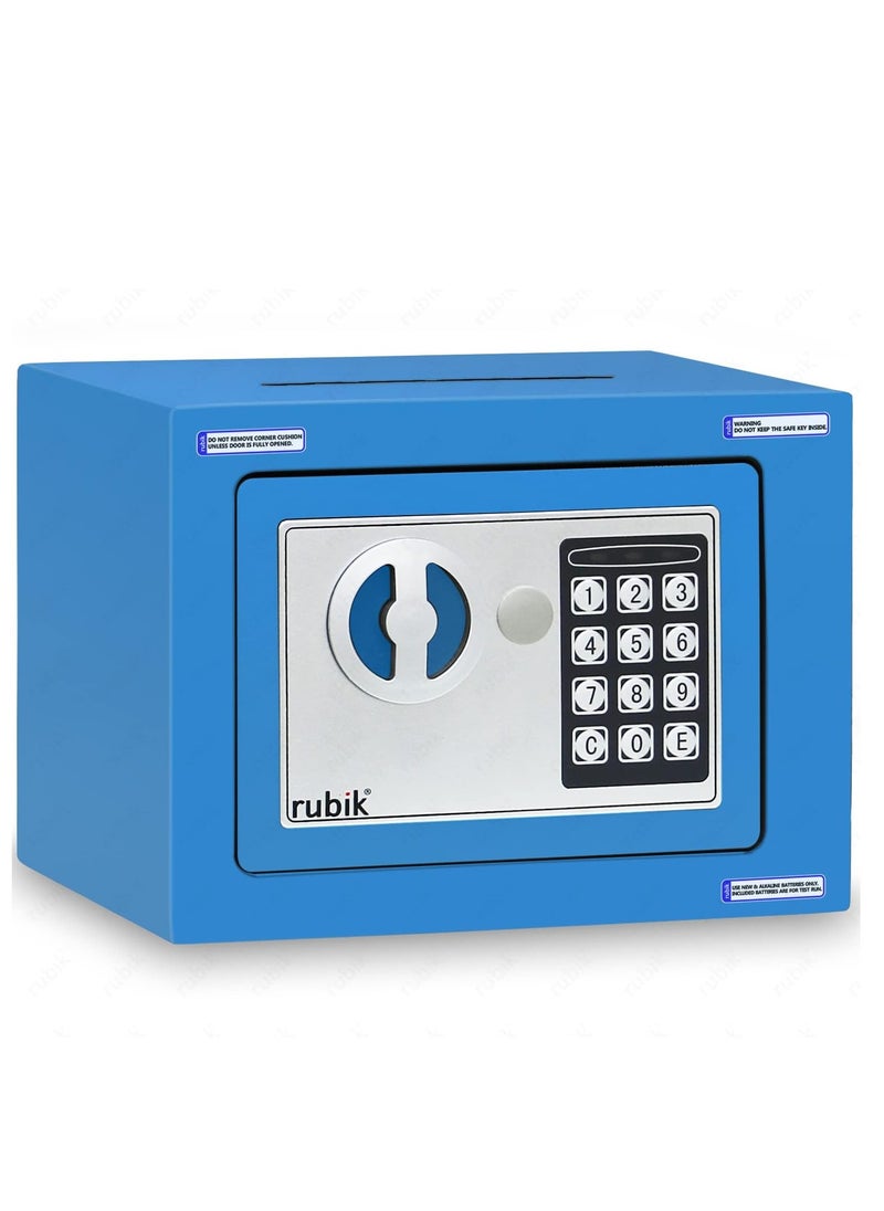 Rubik Mini Cash Deposit Drop Slot Safe Box with Key and Pin Code Option (Size: 23x17x17cm) Blue  - Image 4