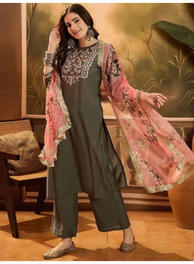 AKS Olive Green Muslin Kurta With Gota Patti And Contrast Organza Dupatta Set  - Image 1