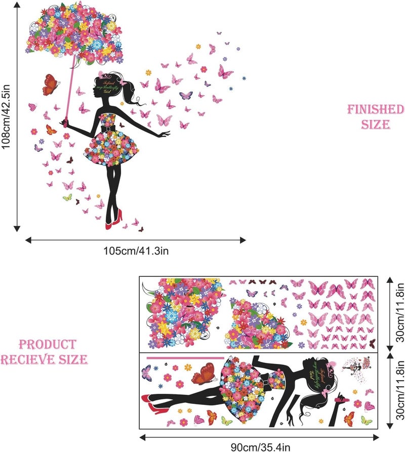 Supzone ملصق حائط جنية الزهور مع مظلة للبنات ملصق حائط فراشات ملونة ديكور حائط زهور فن جدارية فنية للفتيات وغرف الأطفال وغرف النوم وغرف المعيشة وغرف اللعب - Image 2