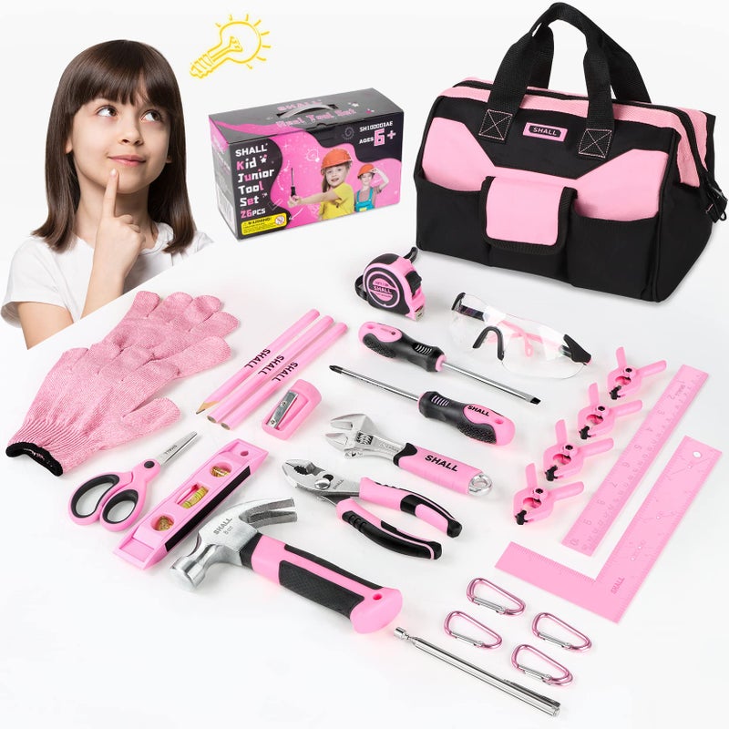 SHALL 26-Piece Kids Size Tool Set, Pink Real Tools for Kids with 12" Tool Bag, Safety Certified Children Learning Tool Kit with Hand Tools for Boys & Girls Age 6+, DIY Building, Woodwork, Construction - Image 1
