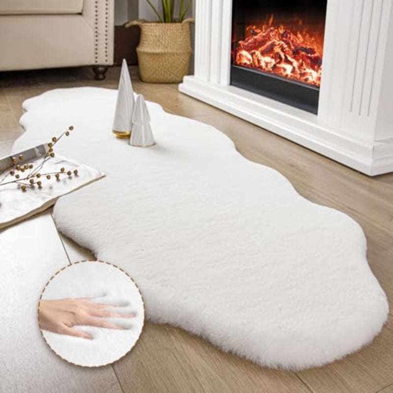Ultra Soft Faux Rabbit Fur Rug, Area Rugs for Bedroom Floor Sofa Living Room, Carpet Accent Rugs White 2 x 6 Feet - Image 1