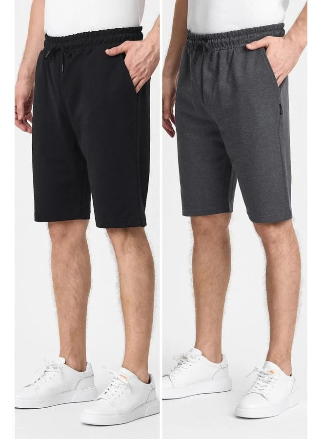 Men's Black-Anthracite Side Pocket Elastic Waist Regular Fit Comfortable Cut 2‑Piece Shorts.