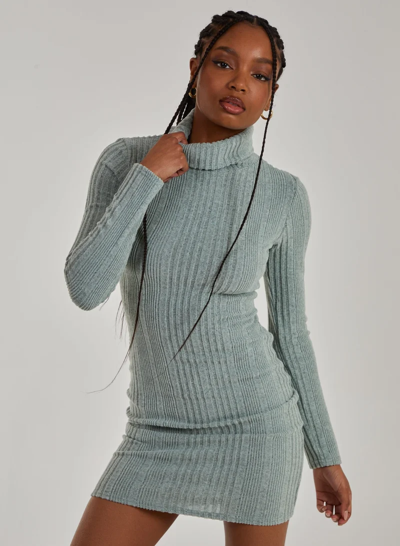 Pink Vanilla Chunky Brushed Rib Roll Neck Dress