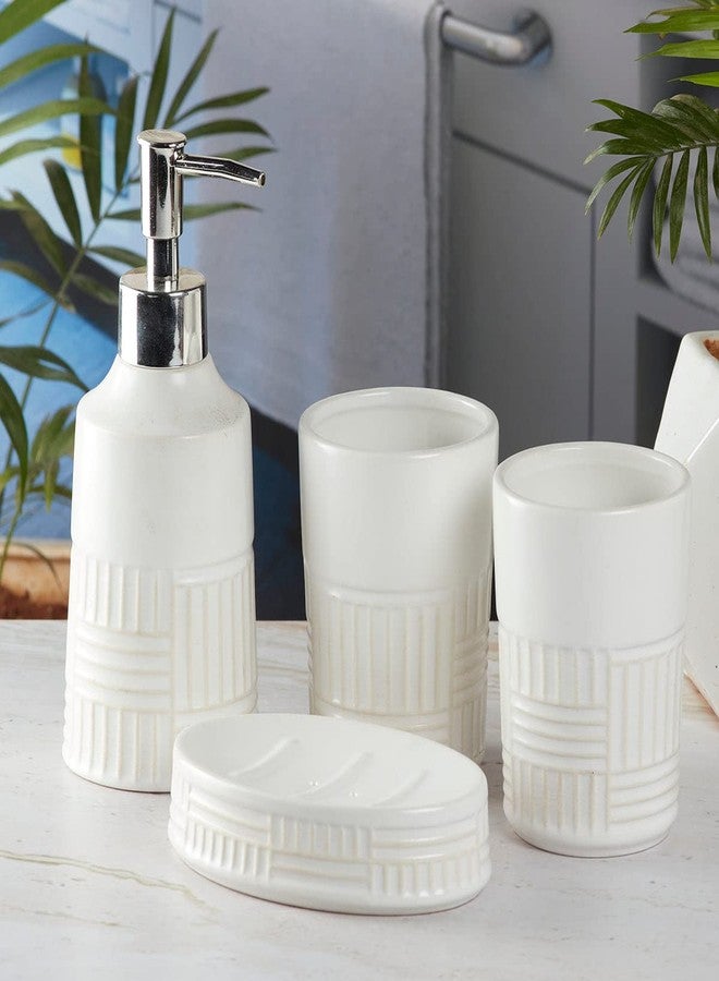 Kookee Ceramic Bathroom Set – Stylish 4 Piece Bath Accessories Kit with Soap Dispenser, Toothbrush Holder, Tumbler & Soap Dish – Modern & Designer Decor for Home & Guest Bathrooms, White/Beige (8142) - Image 1