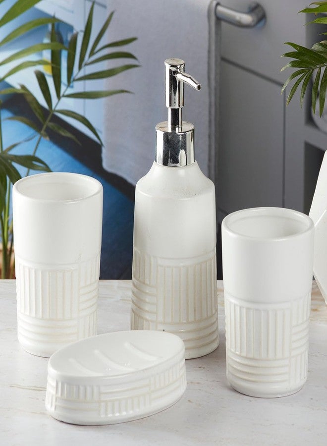 Kookee Ceramic Bathroom Set – Stylish 4 Piece Bath Accessories Kit with Soap Dispenser, Toothbrush Holder, Tumbler & Soap Dish – Modern & Designer Decor for Home & Guest Bathrooms, White/Beige (8142) - Image 2