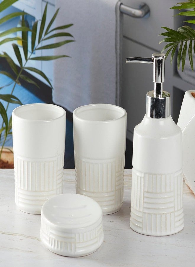Kookee Ceramic Bathroom Set – Stylish 4 Piece Bath Accessories Kit with Soap Dispenser, Toothbrush Holder, Tumbler & Soap Dish – Modern & Designer Decor for Home & Guest Bathrooms, White/Beige (8142) - Image 3