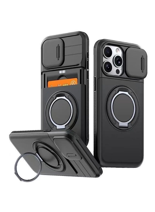 iPhone 16 Pro Max Shockproof Case with Sliding Camera Cover, Magnetic 360° Rotating Ring Holder, Hidden Card Slot, Soft Touch Design & Full Corner Protection - Image 1