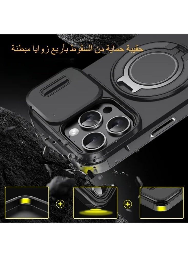 iPhone 16 Pro Max Shockproof Case with Sliding Camera Cover, Magnetic 360° Rotating Ring Holder, Hidden Card Slot, Soft Touch Design & Full Corner Protection - Image 5