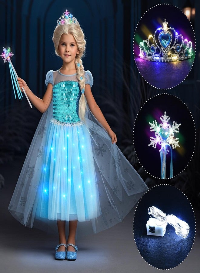 G.C Girls Light Up Elsa Dress Costume with Cape Kids Elsa Wig Crown Wand Toys Toddler Princess Dress Up Outfit Halloween Cosplay Birthday Party Gifts - Image 3