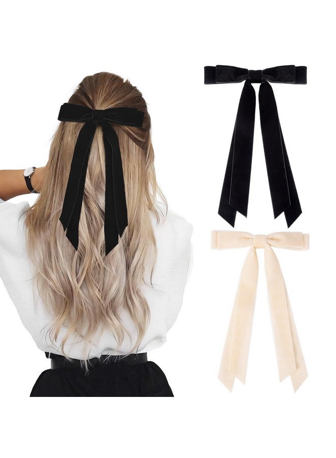 Aileam 2PCS Velvet Hair Bows Ribbon Hair Clip Black Beige Accessories Ponytail Holder Accessories Slides Metal Clips Hair Bow for Women Girls Toddlers Teens Kids - Image 1