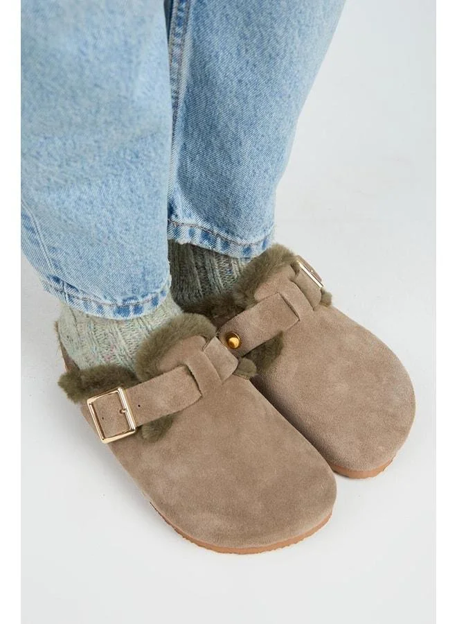 Manijero  Zeta Fur Women's Genuine Leather Fur-Trimmed Belted Oxide Buckle Vison‑Khaki Slippers. for Women | Best Price UAE