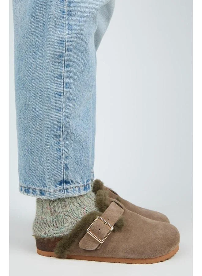 Zeta Fur Women's Genuine Leather Fur-Trimmed Belted Oxide Buckle Vison‑Khaki Slippers.