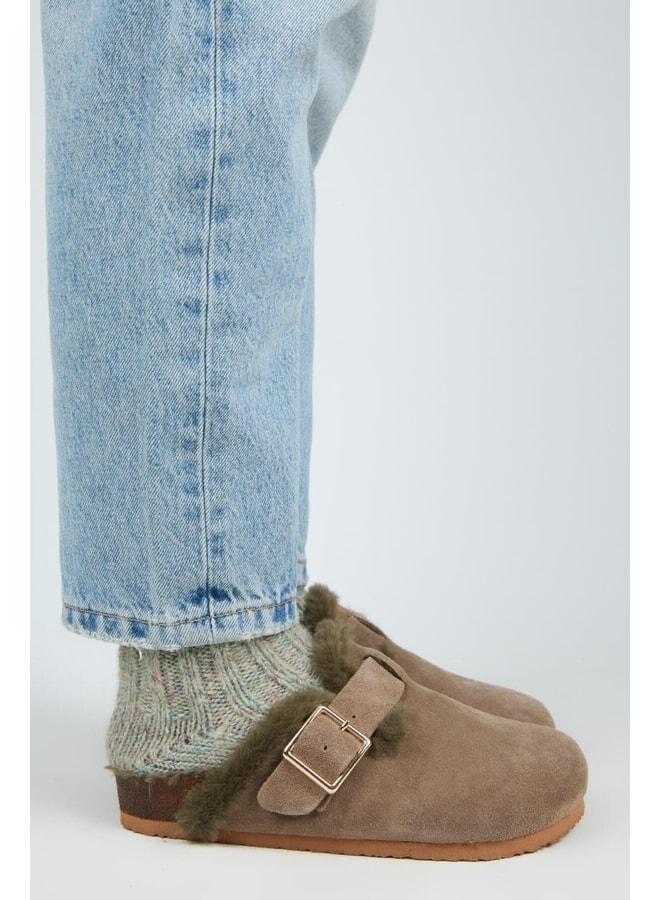 Manijero Zeta Fur Women's Genuine Leather Fur-Trimmed Belted Oxide Buckle Vison‑Khaki Slippers. - Image 1