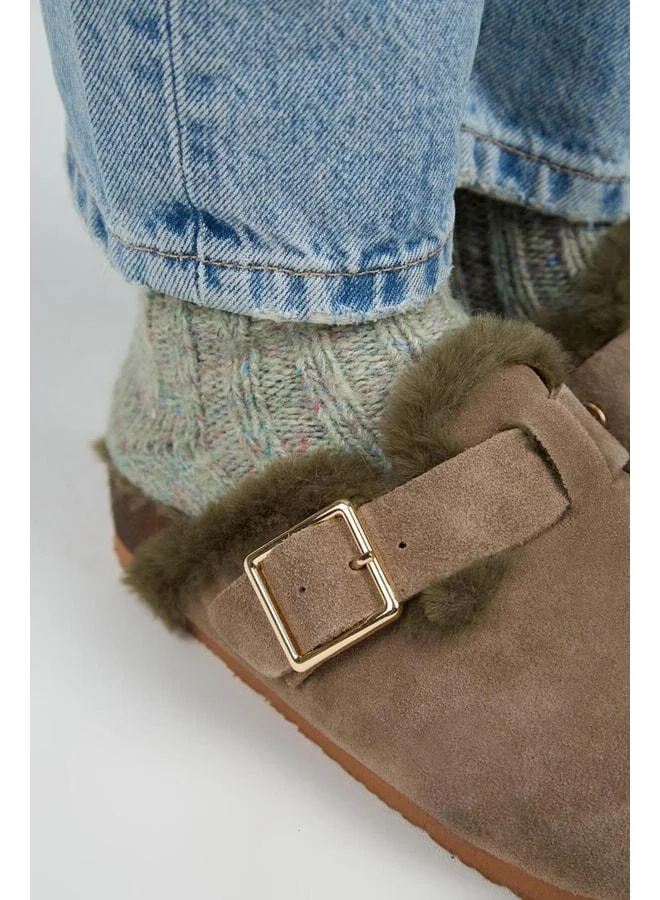Manijero  Zeta Fur Women's Genuine Leather Fur-Trimmed Belted Oxide Buckle Vison‑Khaki Slippers. for Women | Best Price UAE