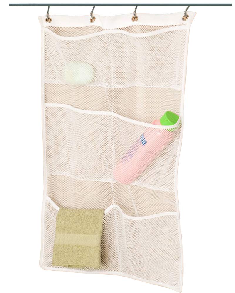 ALYER 6 Storage Pockets Hanging Mesh Shower Caddy,Space Saving Bathroom Accessories and Quick Dry Bath Organizer,White - Image 1