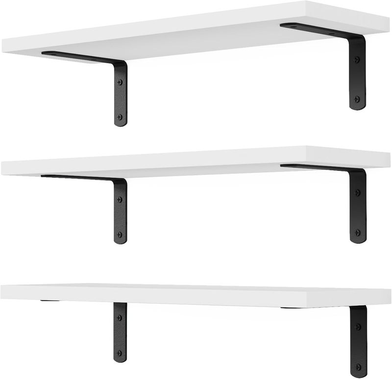 DOLLFIO Floating Shelves, 3 Sets Wall Wooden Shelves for Décor, Mounted Bathroom Shelf Storage, Book Wall, Bedroom, Living Room – White, HM02 - Image 1
