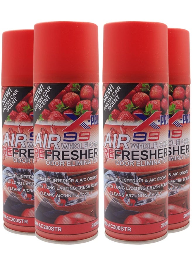 اكس برو 99 4 عبوات من معطر الجو الشامل للسيارة X-99 Pro – برائحة الفراولة (200 مل) | مزيل للروائح ومنظف لمكيف الهواء | بخاخ معطر ومزيل للروائح الداخلية لتجديد هواء مقصورة السيارة بعبير يدوم طويلاً - Image 1