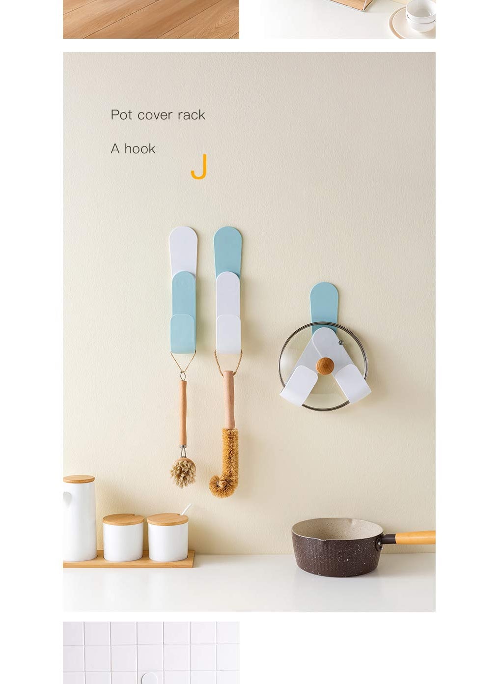 MOMISY MOMISY Plastic Self Adhesive Pot Lid Holder NoPunch WallMounted Rotatable Rack Hanging Pan Cover Organizer Kitchen Tools Blue Hook  - Image 4