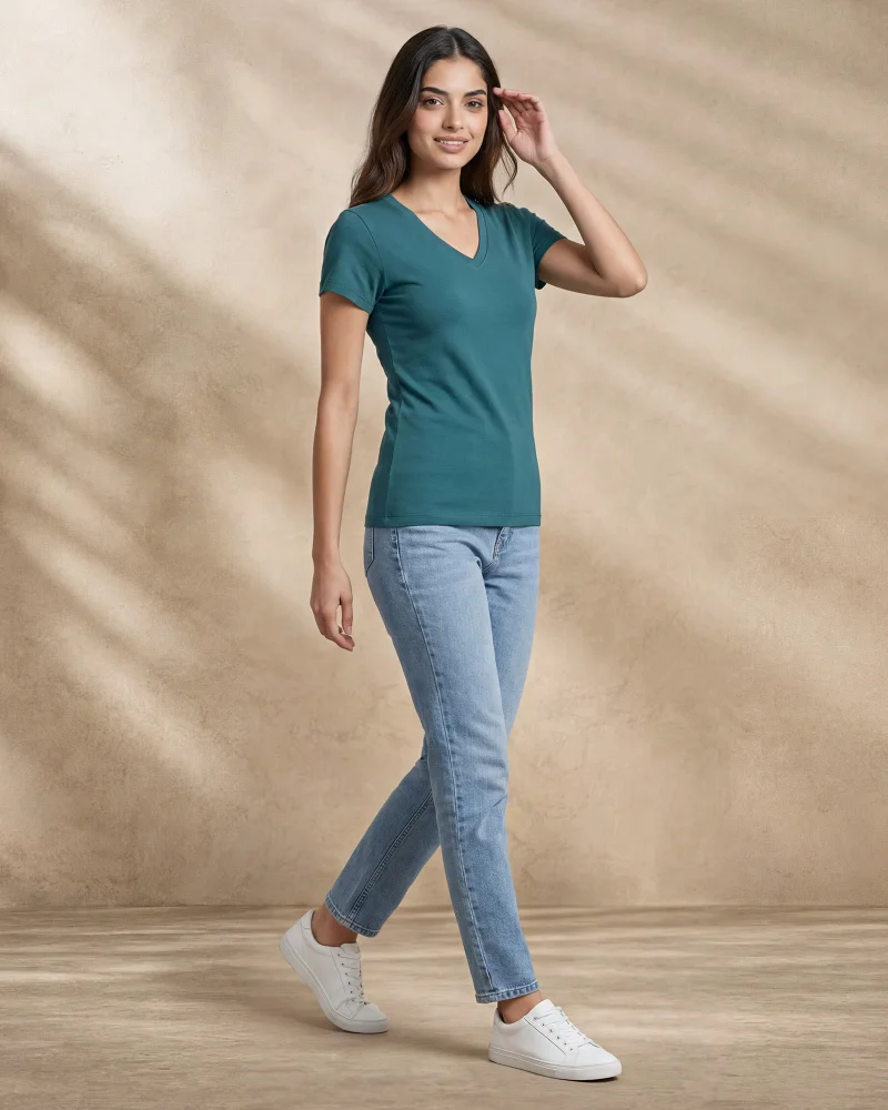 Redtag Women Green Short Sleeve V-Neck T-Shirt