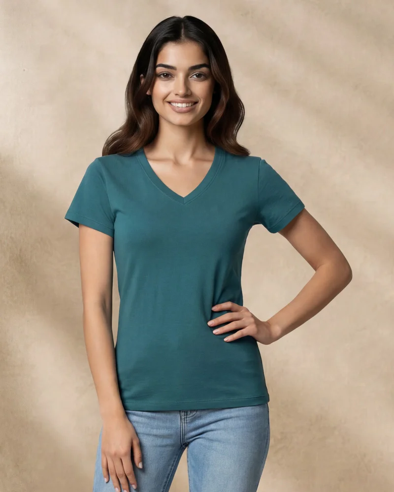 Redtag Women Green Short Sleeve V-Neck T-Shirt