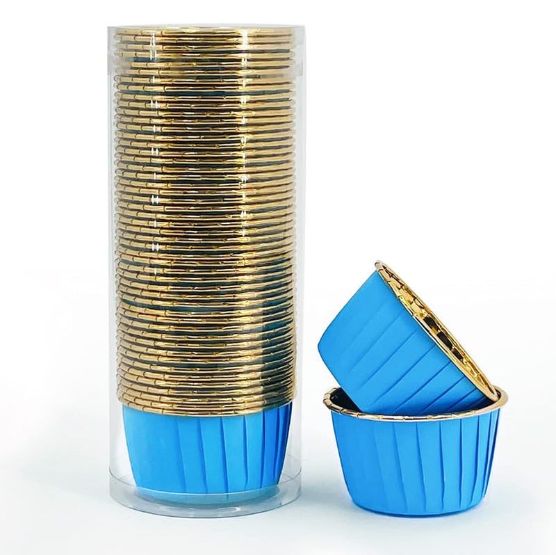 Deera Blue Outer and Gold Color Inner Finish Expandable Muffin Cup Cake Paper Mould - Medium, Pack of 50 - Image 1