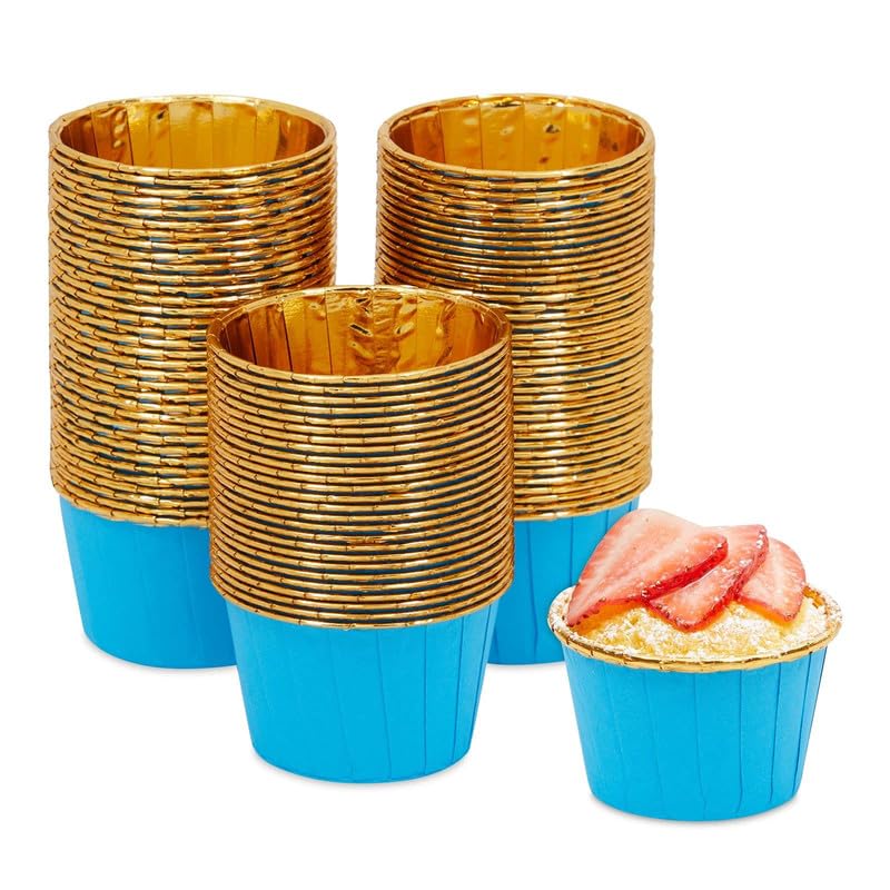 Deera Blue Outer and Gold Color Inner Finish Expandable Muffin Cup Cake Paper Mould - Medium, Pack of 50 - Image 2