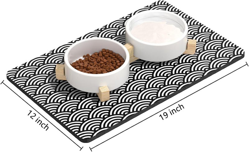 Rnivvi Dog Food Mat, 12" x 19" Absorbent Dog Cat Bowl Mat for Food and Water, Cute Anti-Slip Rubber Pet Feeding Rug Protect Floors, Puppy Placemat for Feeding & Watering Supplies,Gray Rounded Wave - Image 2