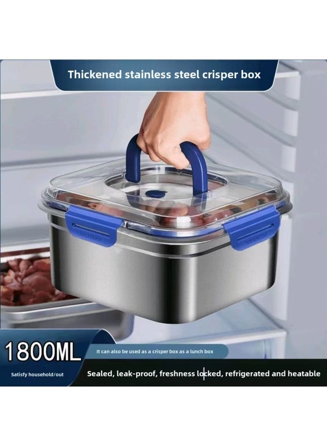 Blue Portable Thickened Stainless Steel Preservation Box Food Grade Sealed Large Capacity Fruit Bento Square Rice Box With Lid-Specifications:1800ML-Color:Blue Handle Seal [1 Pack]  - Image 1