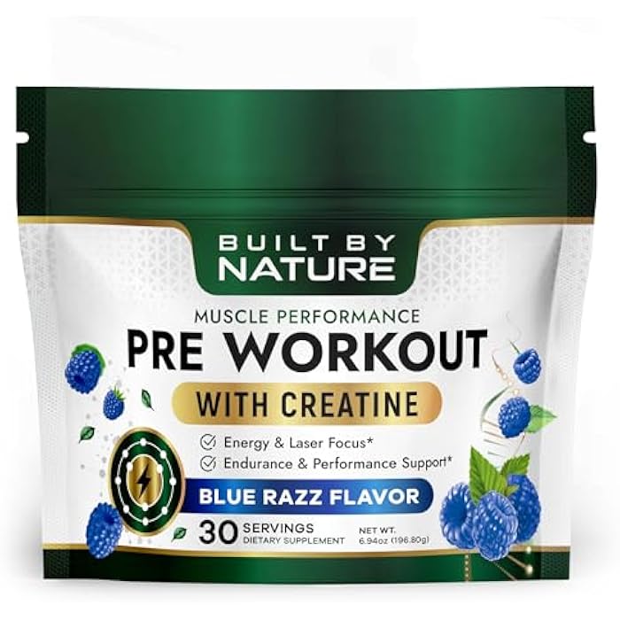 Built by Nature Pre Workout Powder for Men & Women – Preworkout with Creatine for Energy, Focus & Pumps – Sports Nutrition Pre-Workout Supplement – Blue Razz Flavor, 30 Servings - Image 1
