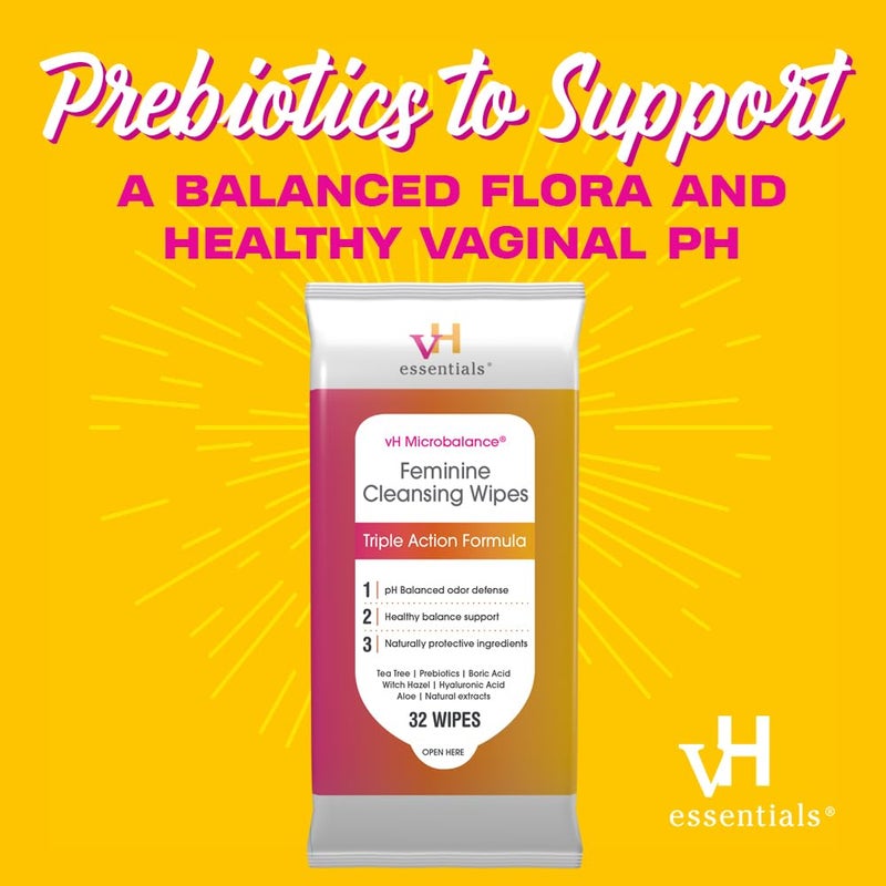vH essentials Feminine Cleansing Wipes 32 ct. pH Balanced, Prebiotics, Tea Tree & Aloe, Soothing Witch Hazel, Odor-Blocking Formula, Vaginal and Perianal Care, Paraben, Alcohol, and Fragrance-Free - Image 3