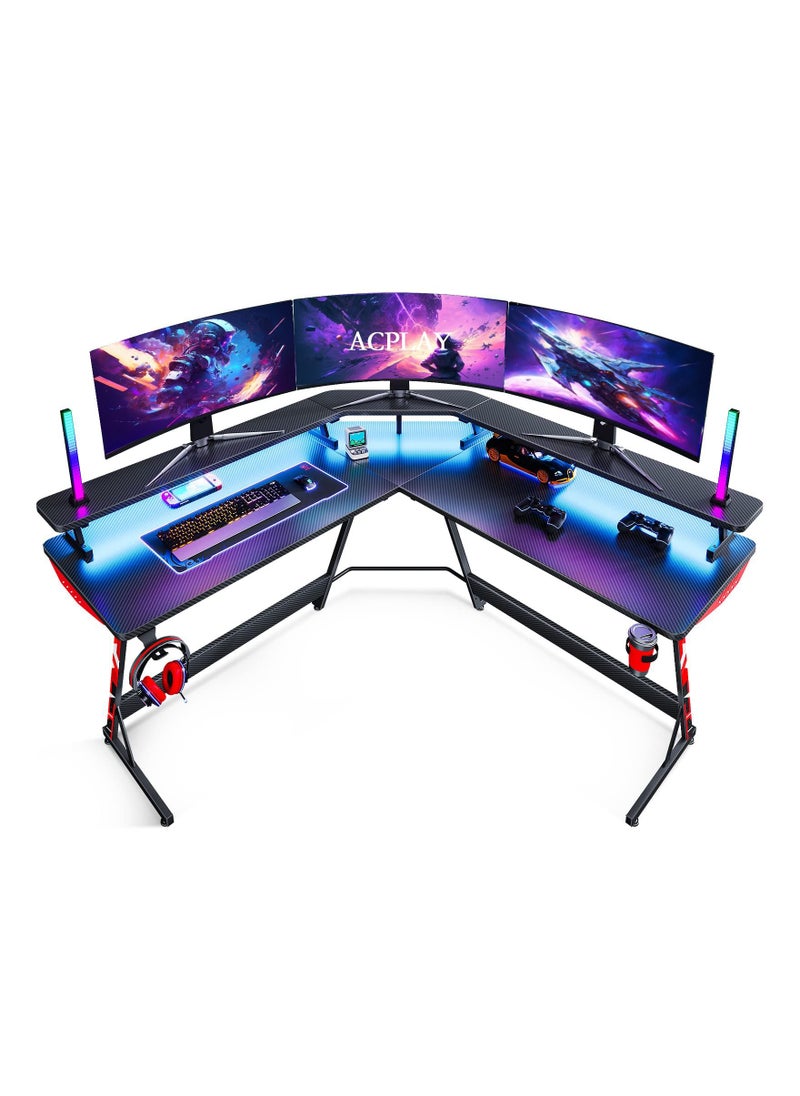 ACPLAY - Gaming Desk L Shaped with Led Lights L Shaped Gaming Desk with Full-Sized Monitor Shelf Corner Gaming Desk with Carbon Fiber Texture Gamer Desk Gaming Table - Image 1