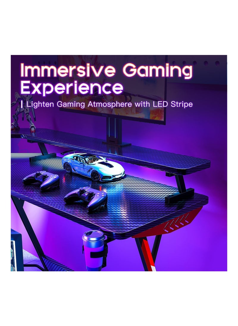 ACPLAY - Gaming Desk L Shaped with Led Lights L Shaped Gaming Desk with Full-Sized Monitor Shelf Corner Gaming Desk with Carbon Fiber Texture Gamer Desk Gaming Table - Image 1