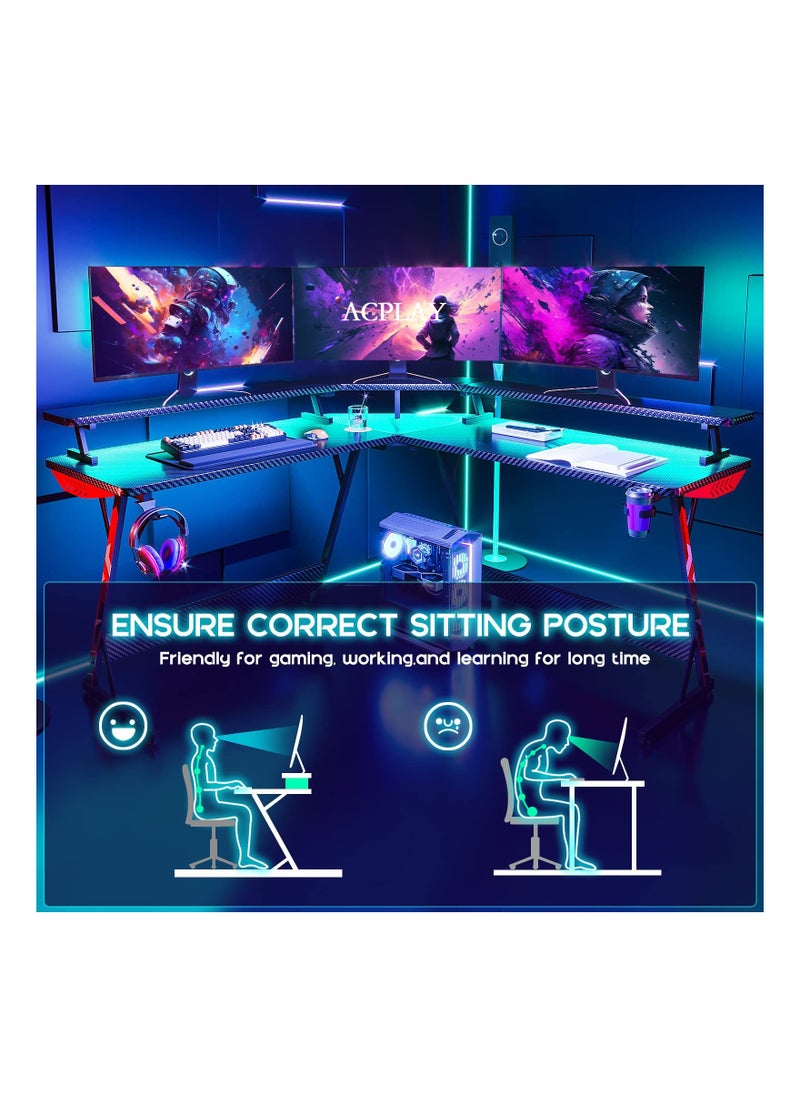 ACPLAY - Gaming Desk L Shaped with Led Lights L Shaped Gaming Desk with Full-Sized Monitor Shelf Corner Gaming Desk with Carbon Fiber Texture Gamer Desk Gaming Table - Image 1