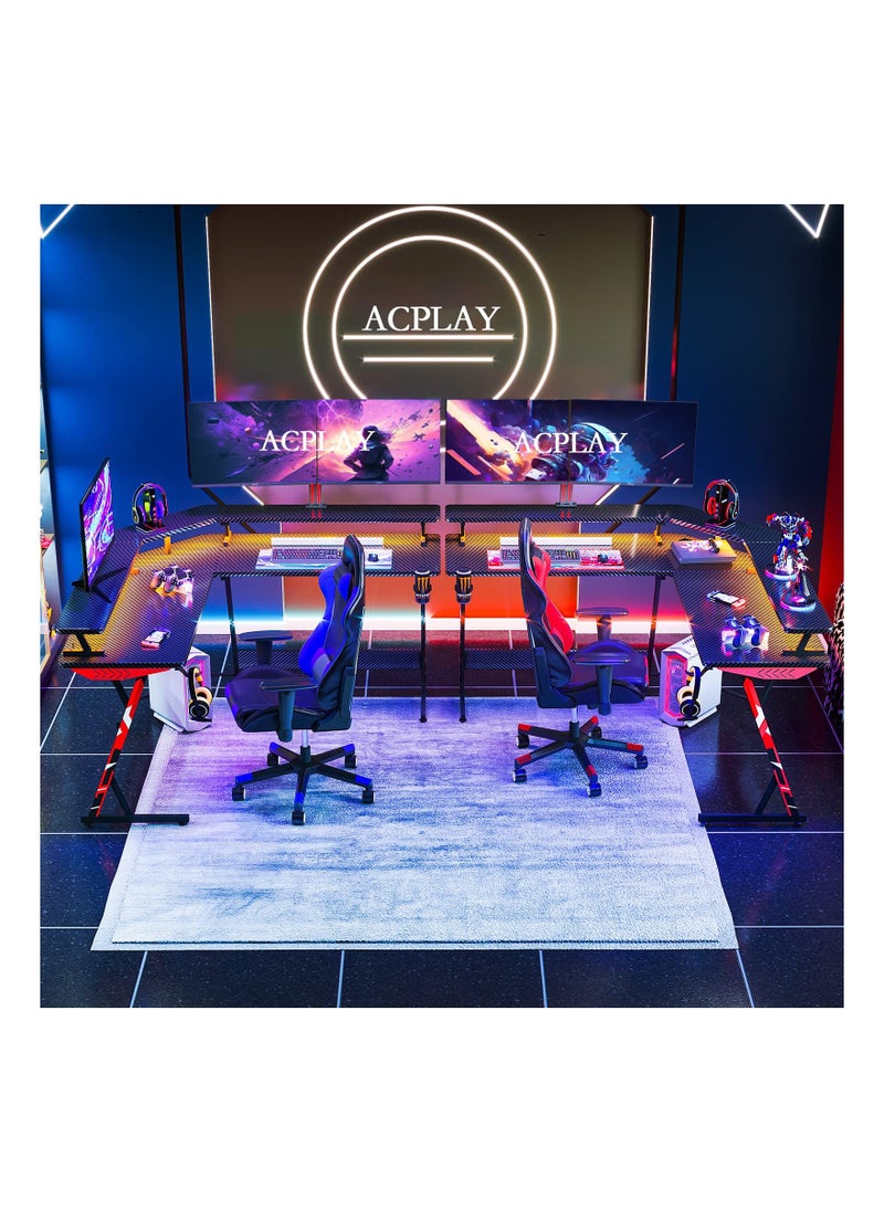 ACPLAY - Gaming Desk L Shaped with Led Lights L Shaped Gaming Desk with Full-Sized Monitor Shelf Corner Gaming Desk with Carbon Fiber Texture Gamer Desk Gaming Table - Image 1