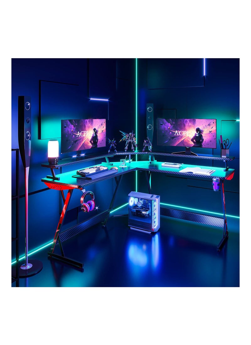 ACPLAY - Gaming Desk L Shaped with Led Lights L Shaped Gaming Desk with Full-Sized Monitor Shelf Corner Gaming Desk with Carbon Fiber Texture Gamer Desk Gaming Table - Image 1