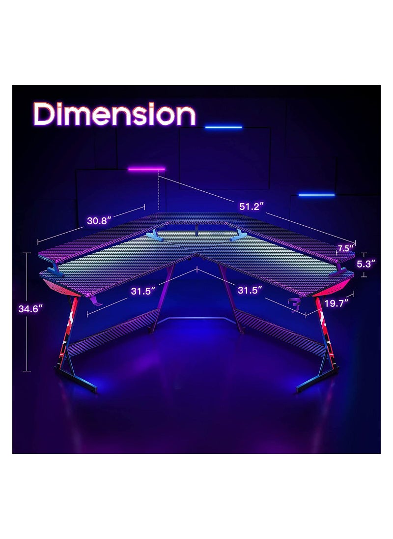 ACPLAY - Gaming Desk L Shaped with Led Lights L Shaped Gaming Desk with Full-Sized Monitor Shelf Corner Gaming Desk with Carbon Fiber Texture Gamer Desk Gaming Table - Image 1